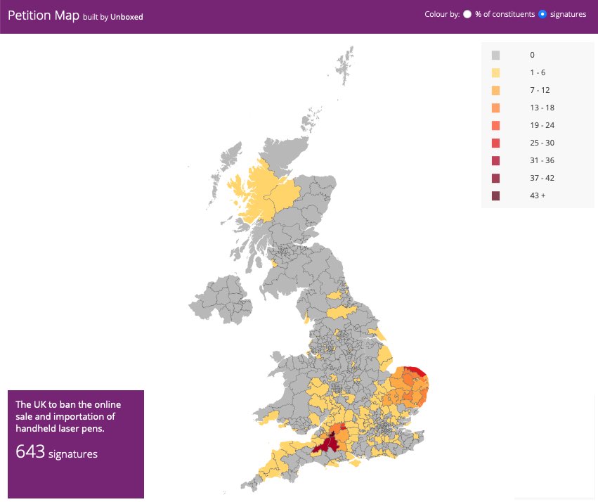 2020 UK petition to ban laser pointers - map of signatures no legends squashed