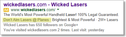 Wicked Lasers Google AdWords ad - highlighted